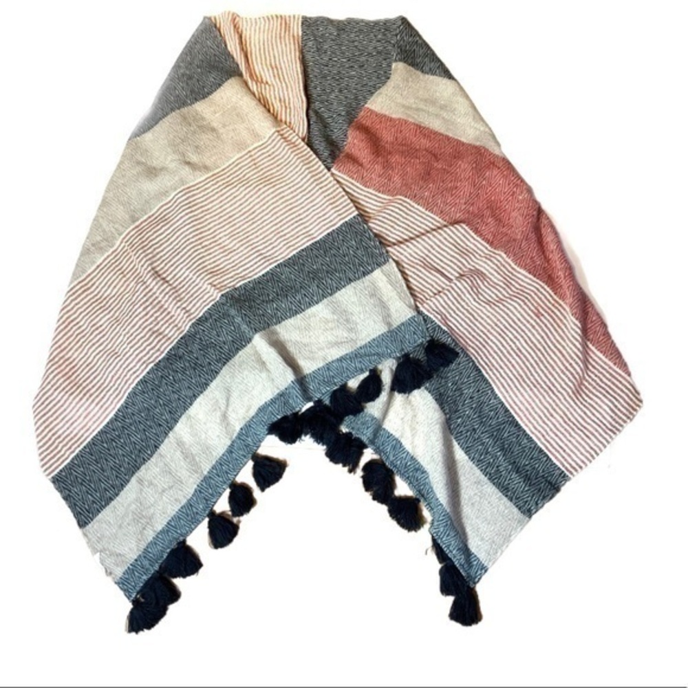 Boho Lagenlook scarf Striped multicolor blanket‎ beach wrap fringe Pom poms